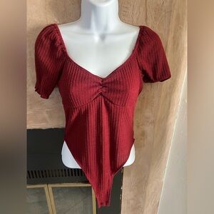 Shein Burgundy Ribbed Puff Sleeve Bodysuit | Size Small
